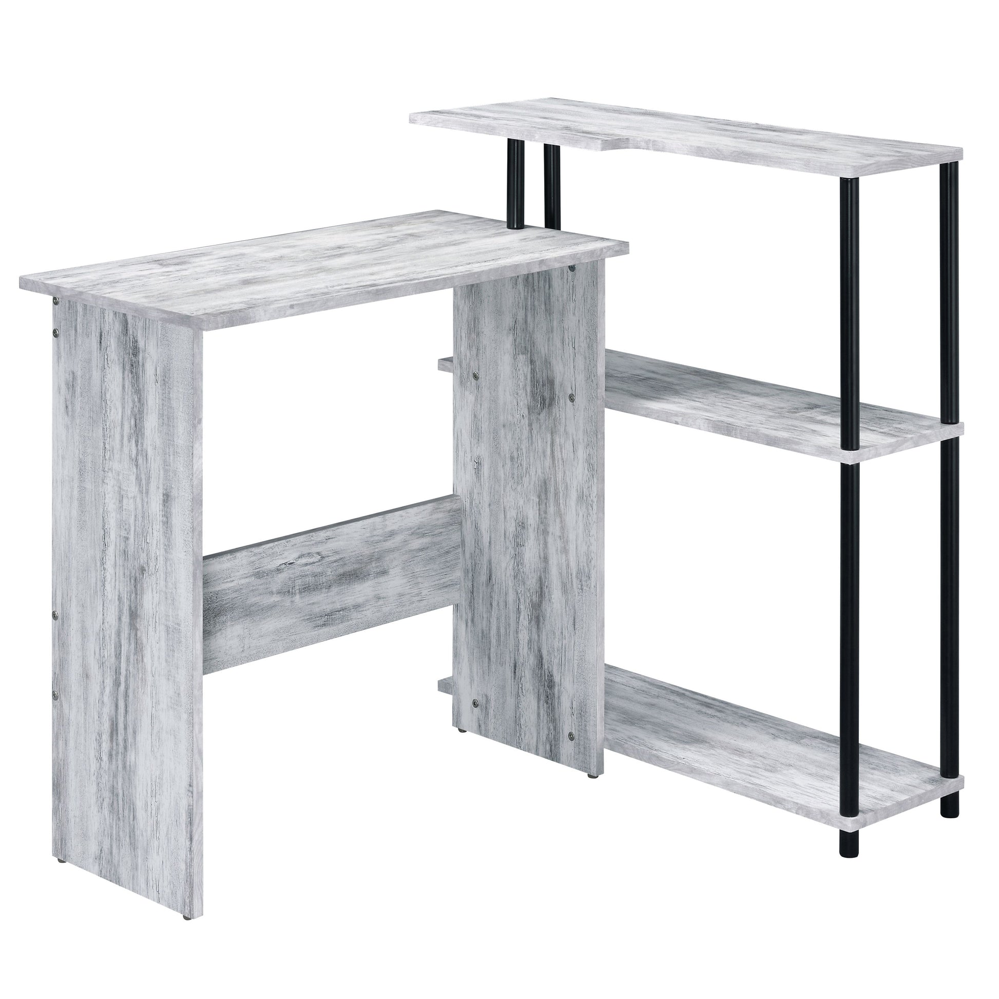 Rustic grey wood modern corner desk with three shelves and black metal legs