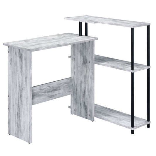 Rustic grey wood modern corner desk with three shelves and black metal legs