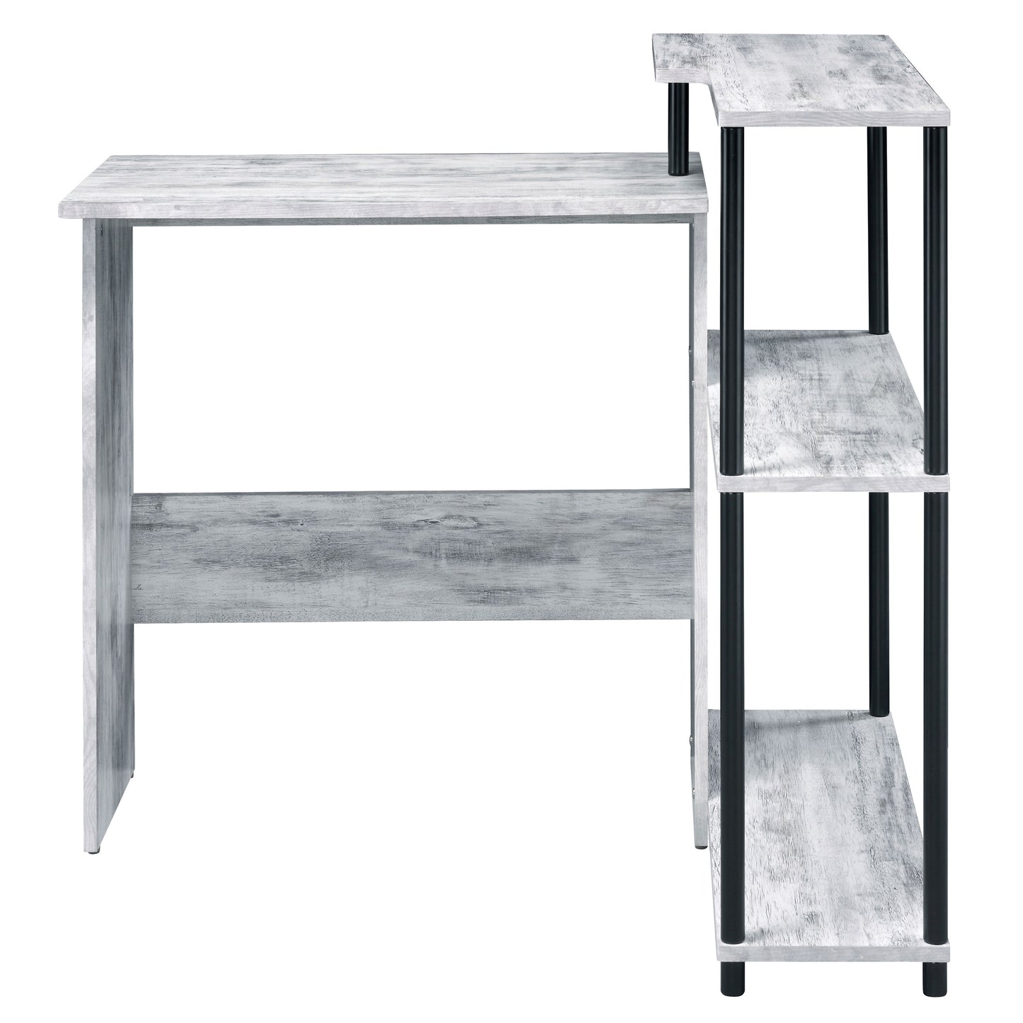 Distressed wood computer desk with black metal legs and three open shelves