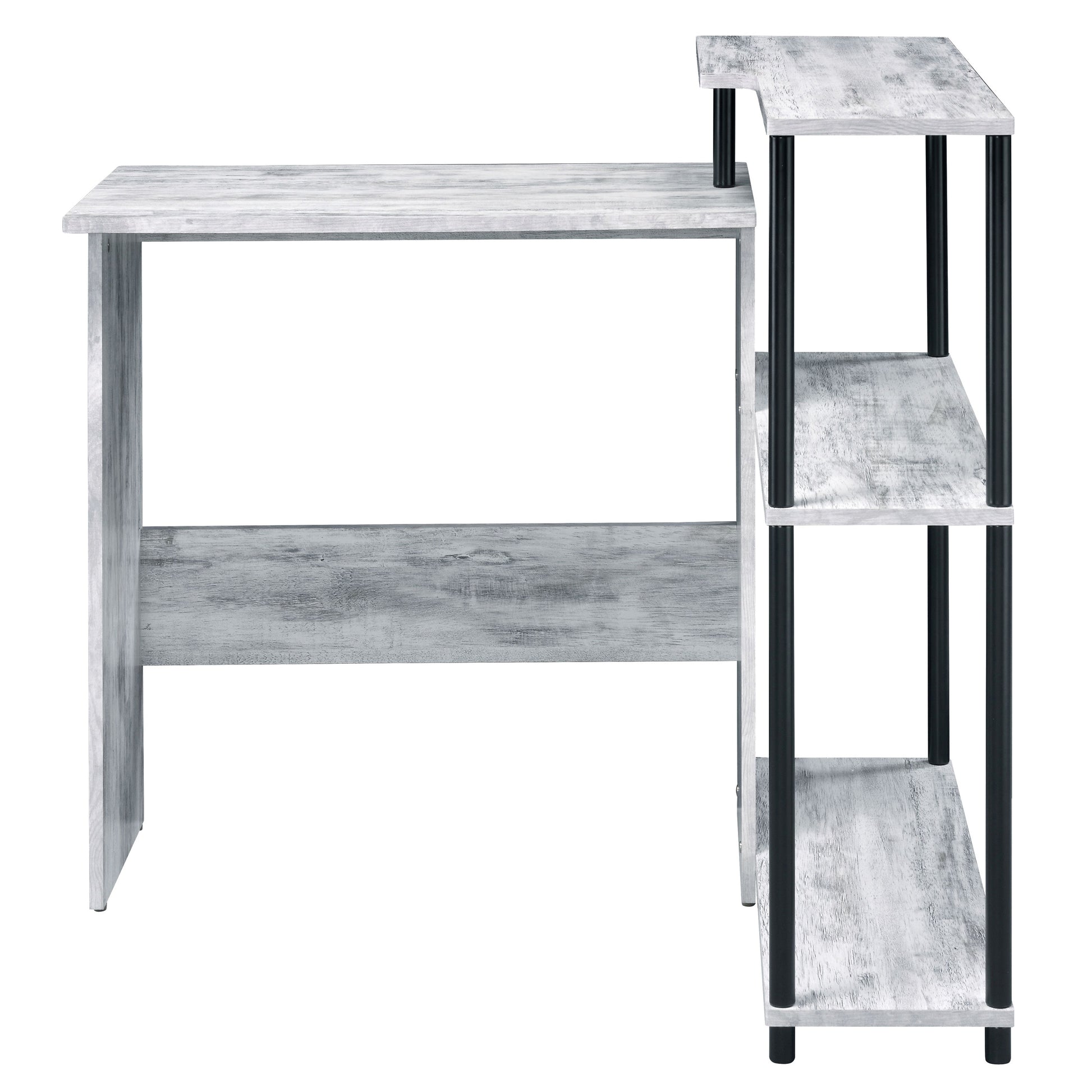 Distressed wood computer desk with black metal legs and three open shelves