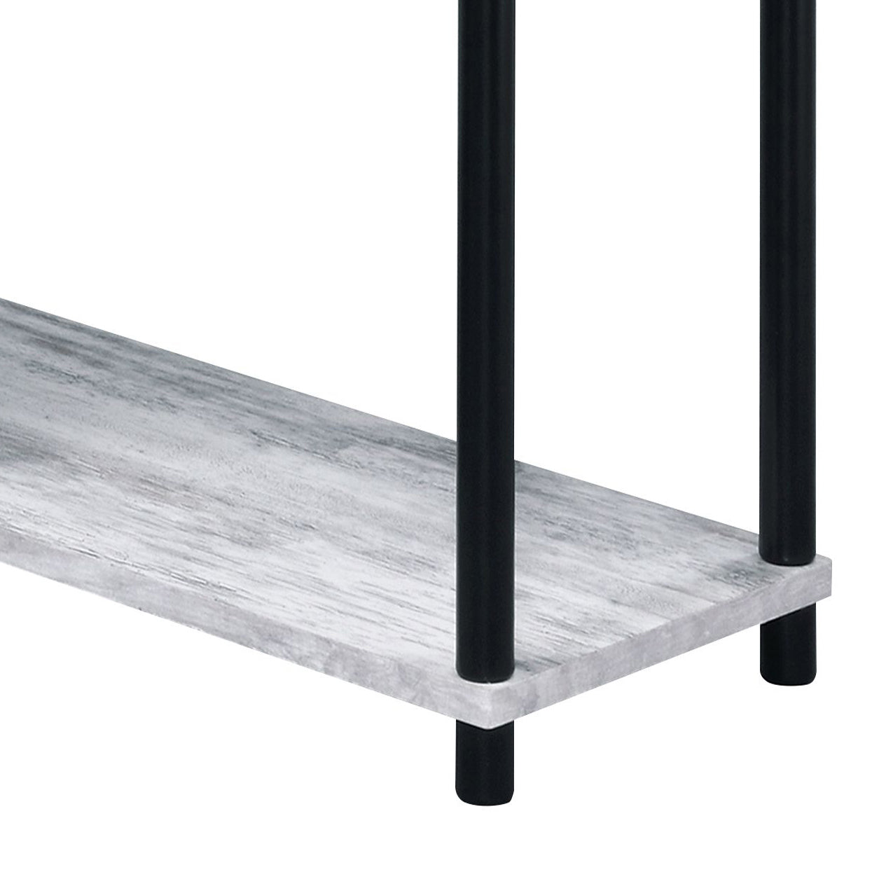 Closeup of distressed gray wood shelf with black metal legs suitable for modern shelving units