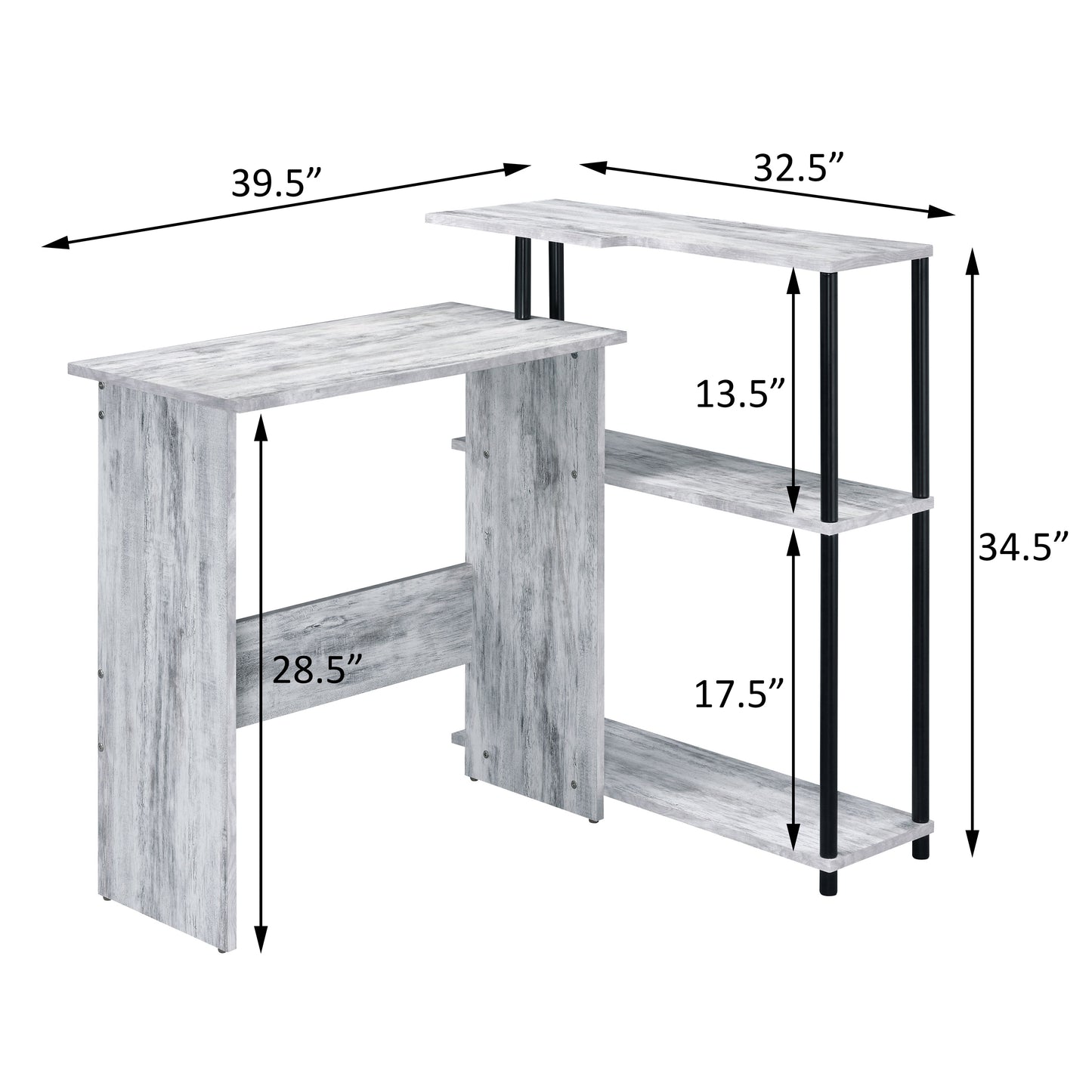 Rustic white wood lshaped desk with black metal legs  width and  height