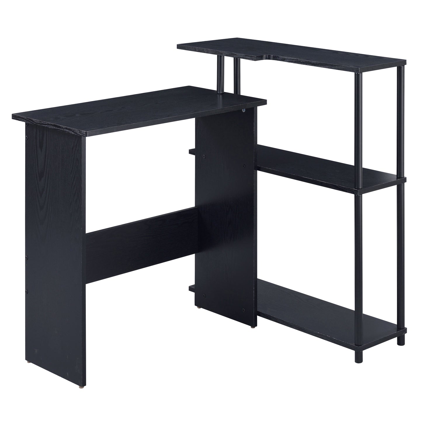 Sleek black computer desk with integrated shelving for optimal home office setup