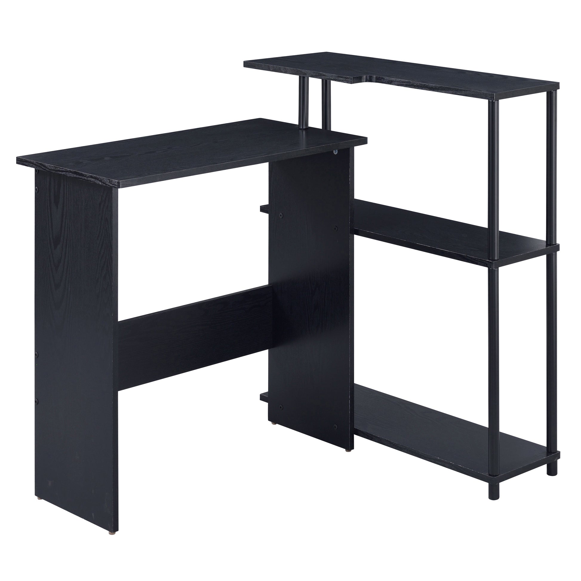 Sleek black computer desk with integrated shelving for optimal home office setup