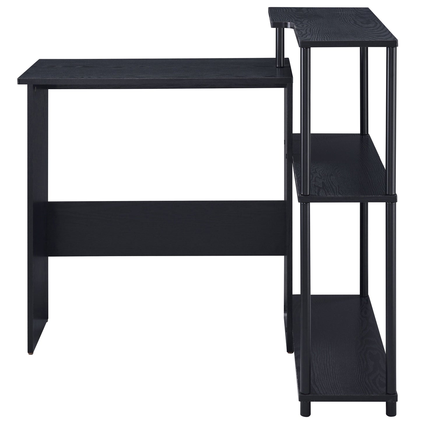 Black wooden computer desk with integrated shelving unit for home office