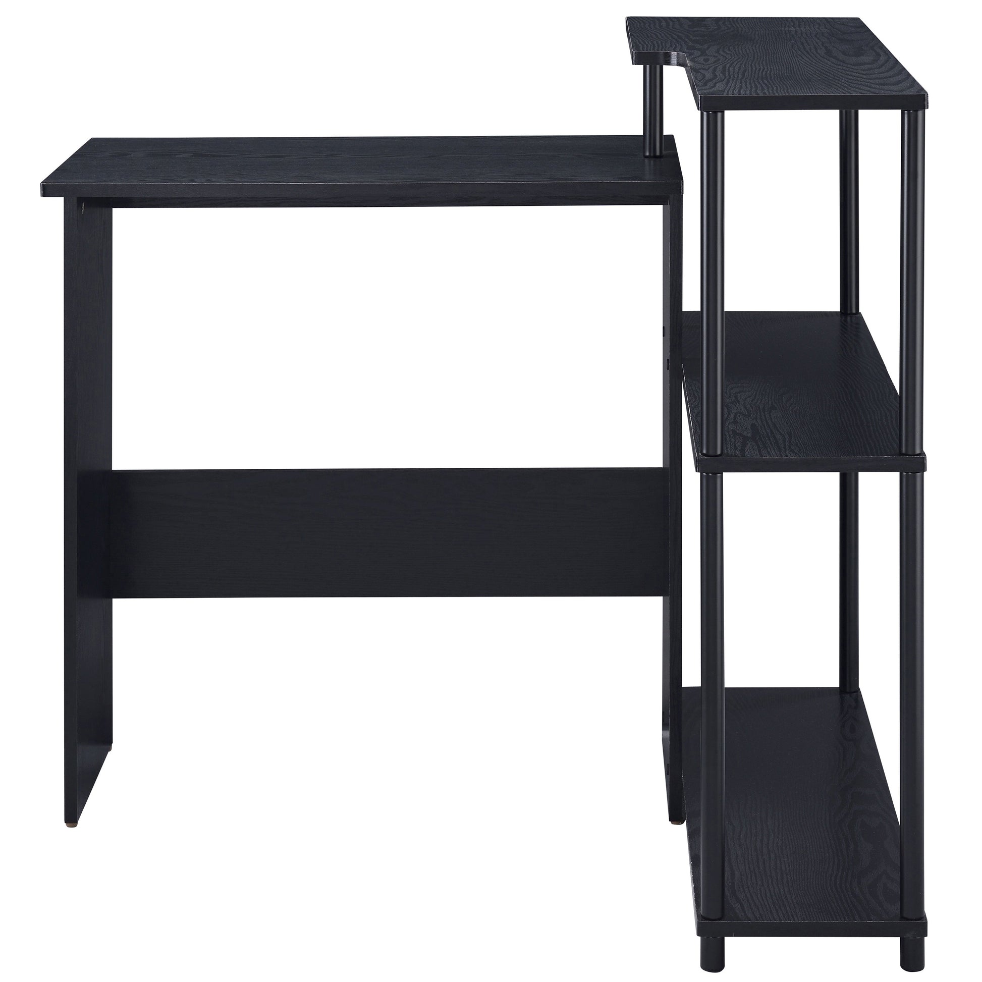 Black wooden computer desk with integrated shelving unit for home office