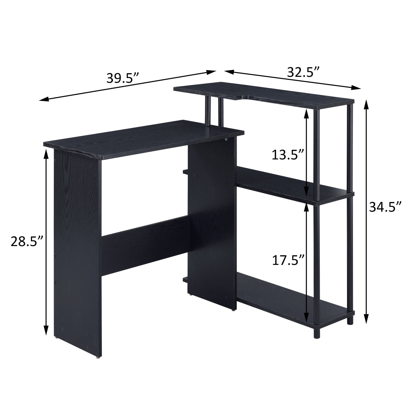 Black computer desk with integrated shelving and dimensions highlighted