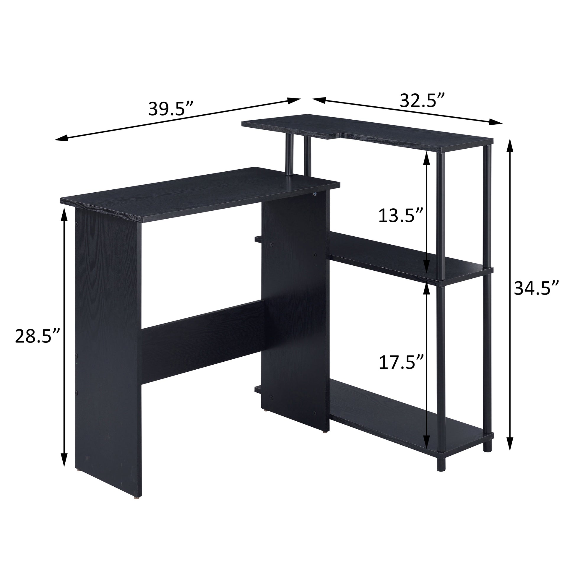 Black computer desk with integrated shelving and dimensions highlighted