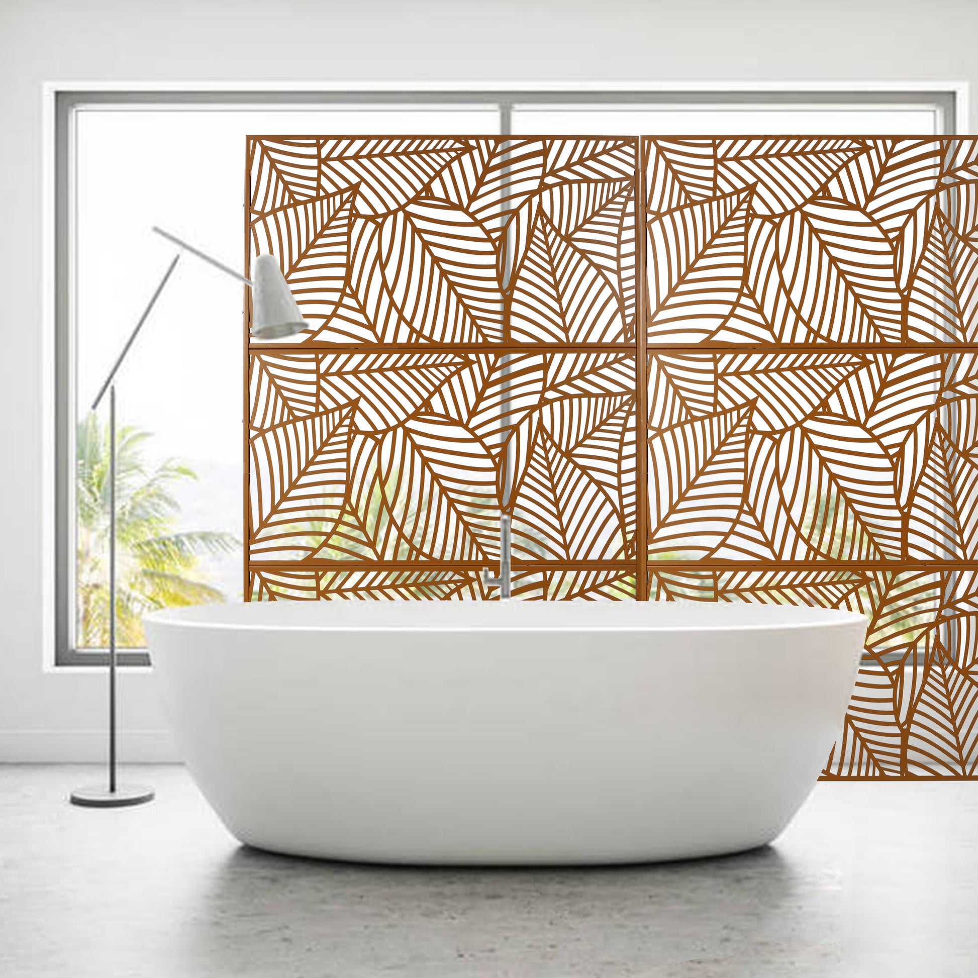 Decorative room divider screen with a striking leaf pattern in a warm bronze finish creating a sophisticated ambiance