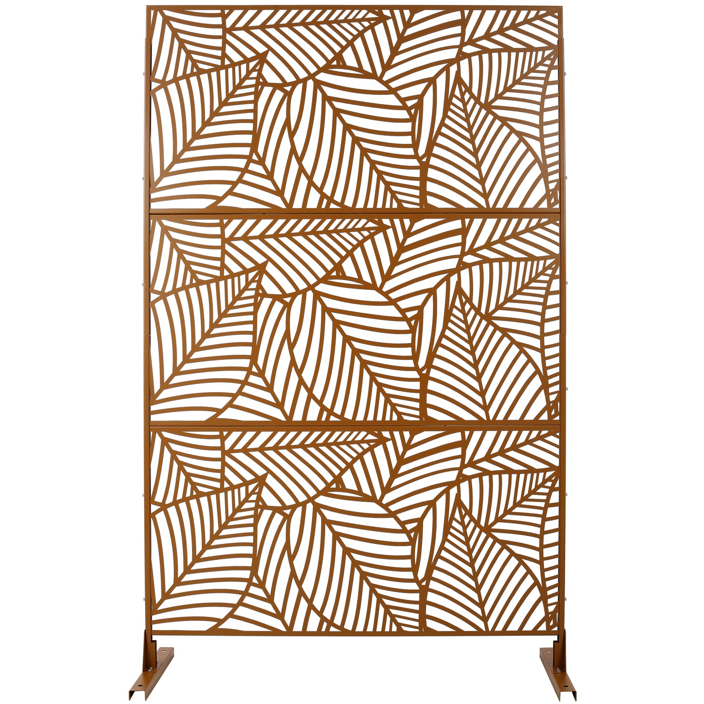 Bronze metal garden screen with a decorative leaf pattern for outdoor privacy