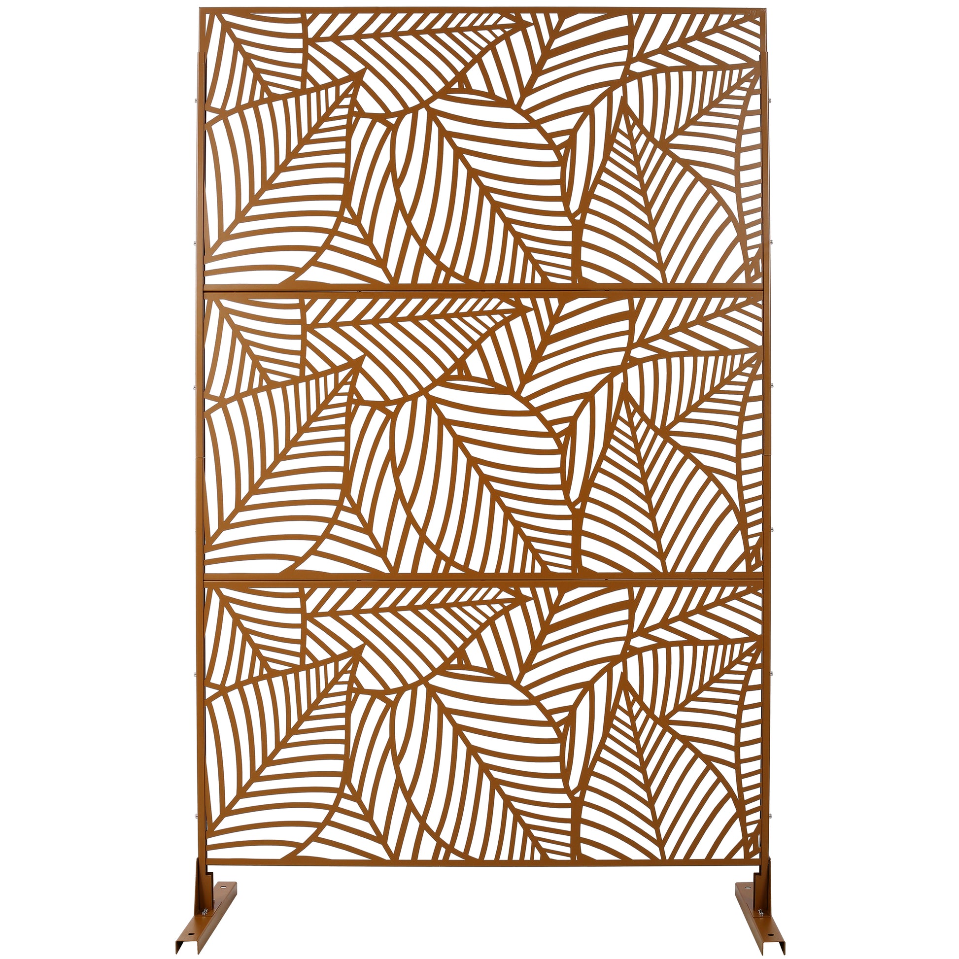 Bronze metal garden screen with a decorative leaf pattern for outdoor privacy