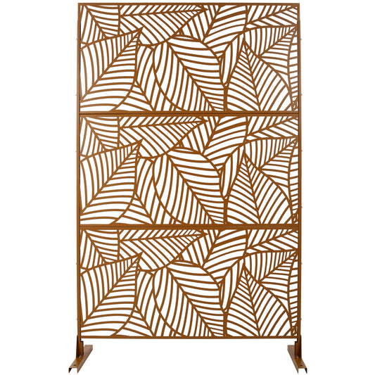 Bronze metal garden screen with a decorative leaf pattern for outdoor privacy