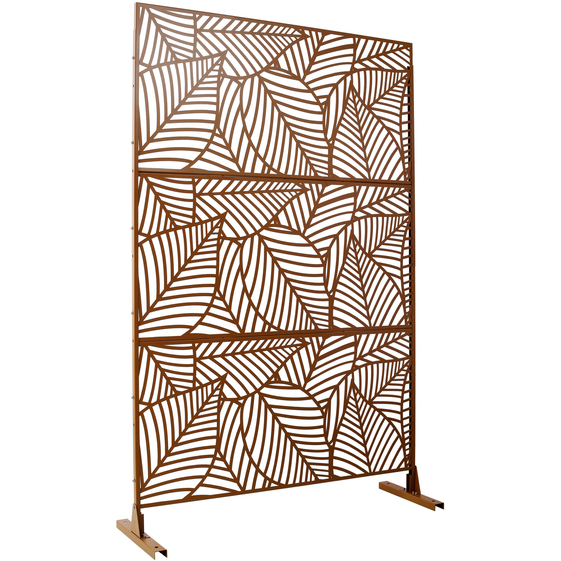 Bronze metal privacy screen with lasercut leaf pattern ideal for garden decor
