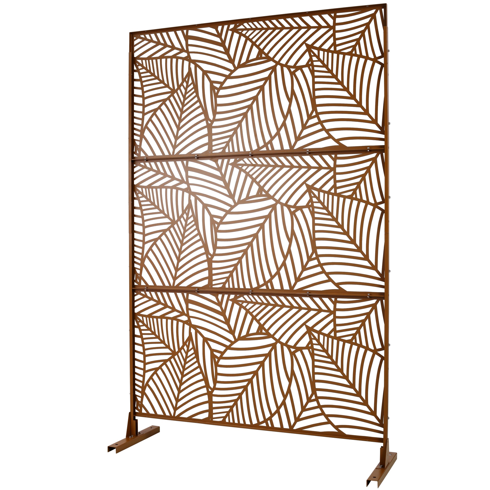 Rustic brown metal garden screen with intricate leaf pattern for outdoor privacy