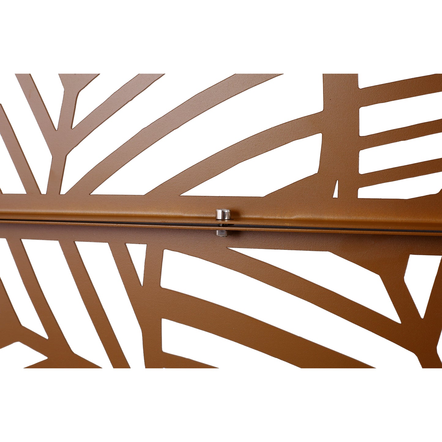 Brown metal decorative panel with leaflike cutouts and hardware accent