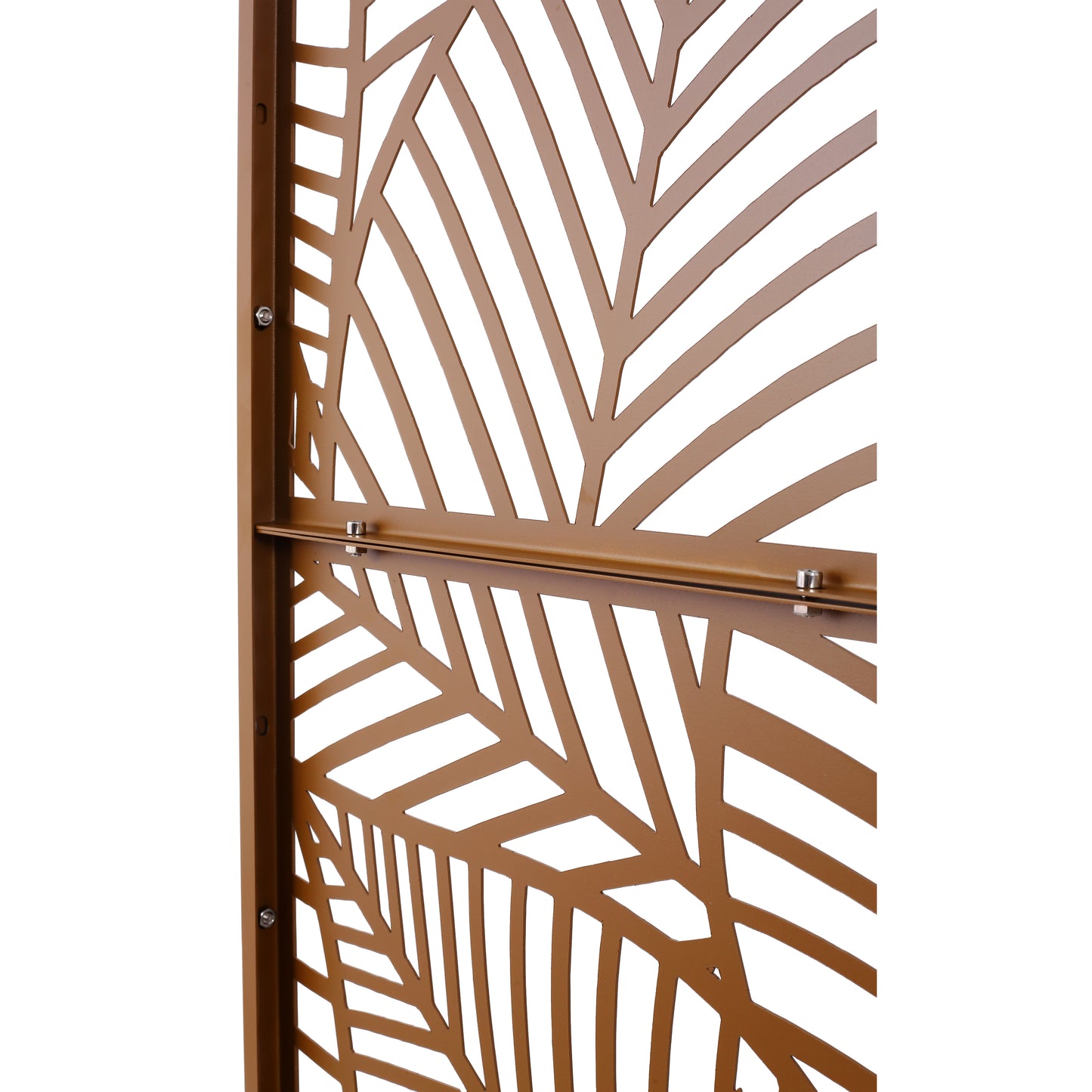Bronze metal privacy screen with an intricate leaf pattern for garden decor