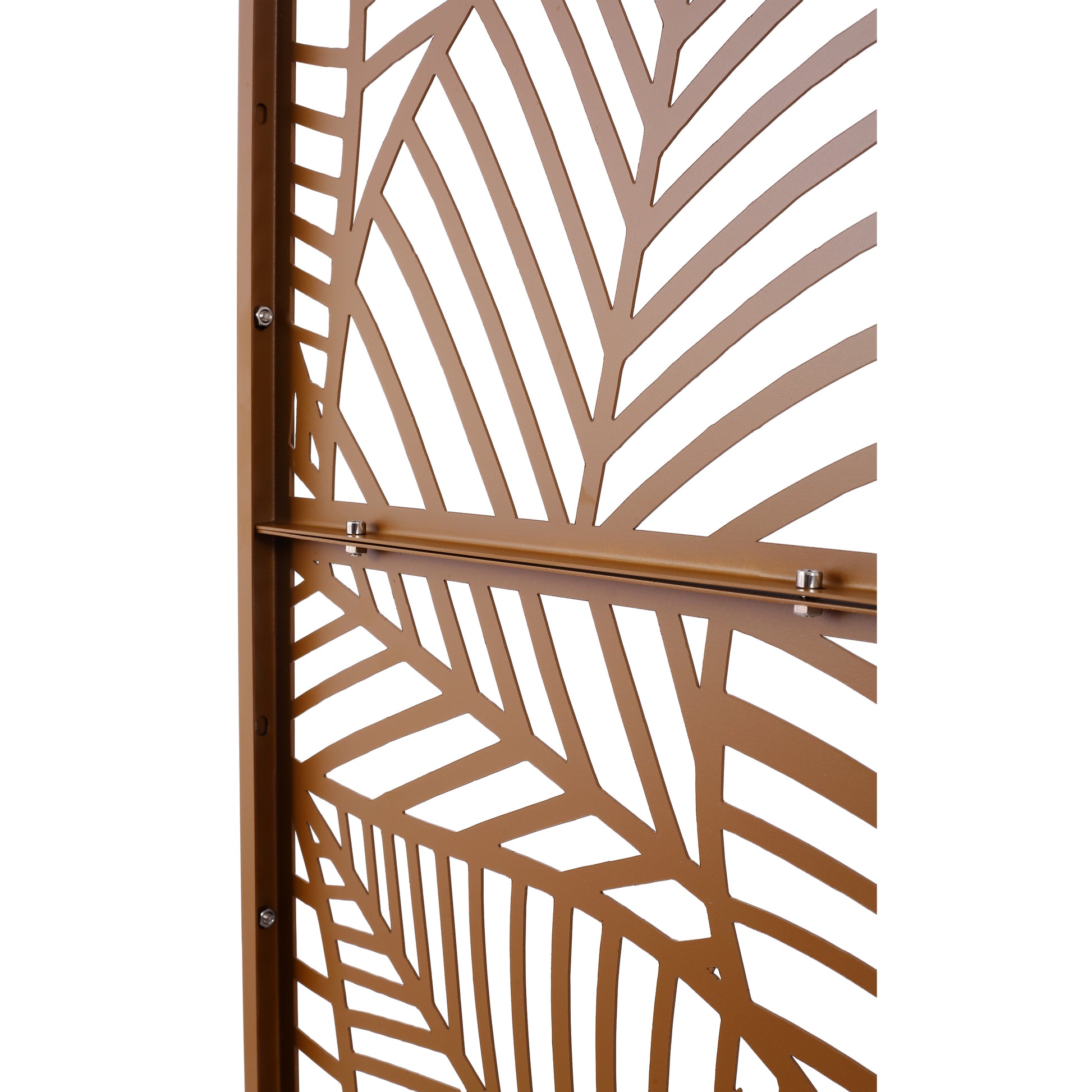 Bronze metal privacy screen with an intricate leaf pattern for garden decor