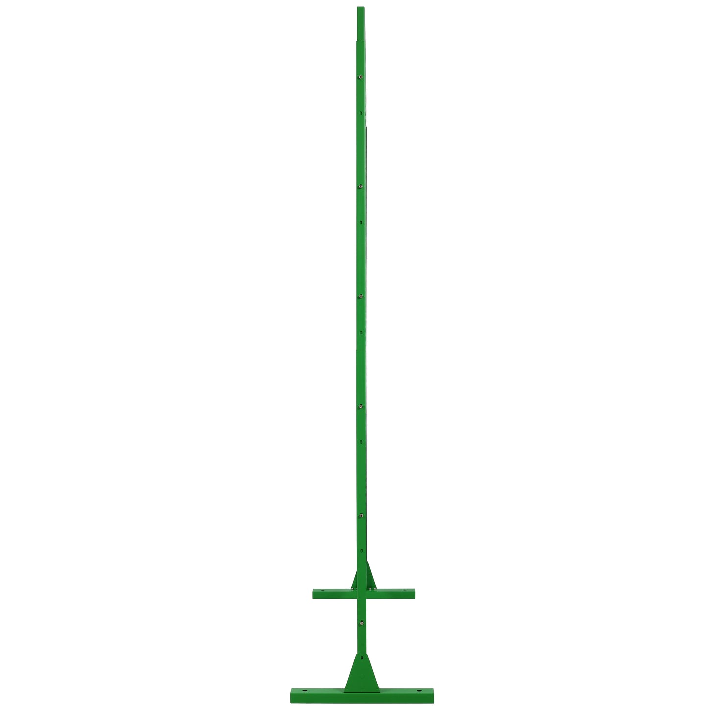 Green metal garden stake with adjustable height and Tshaped base