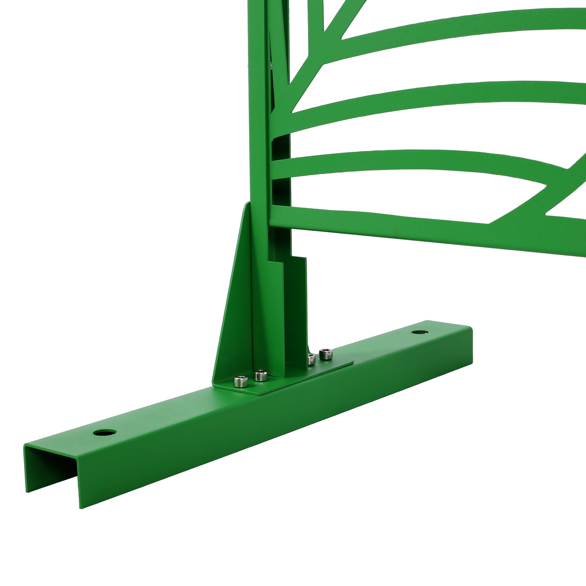 Green metal garden gate base with leaflike scrollwork detail and anchor bolts