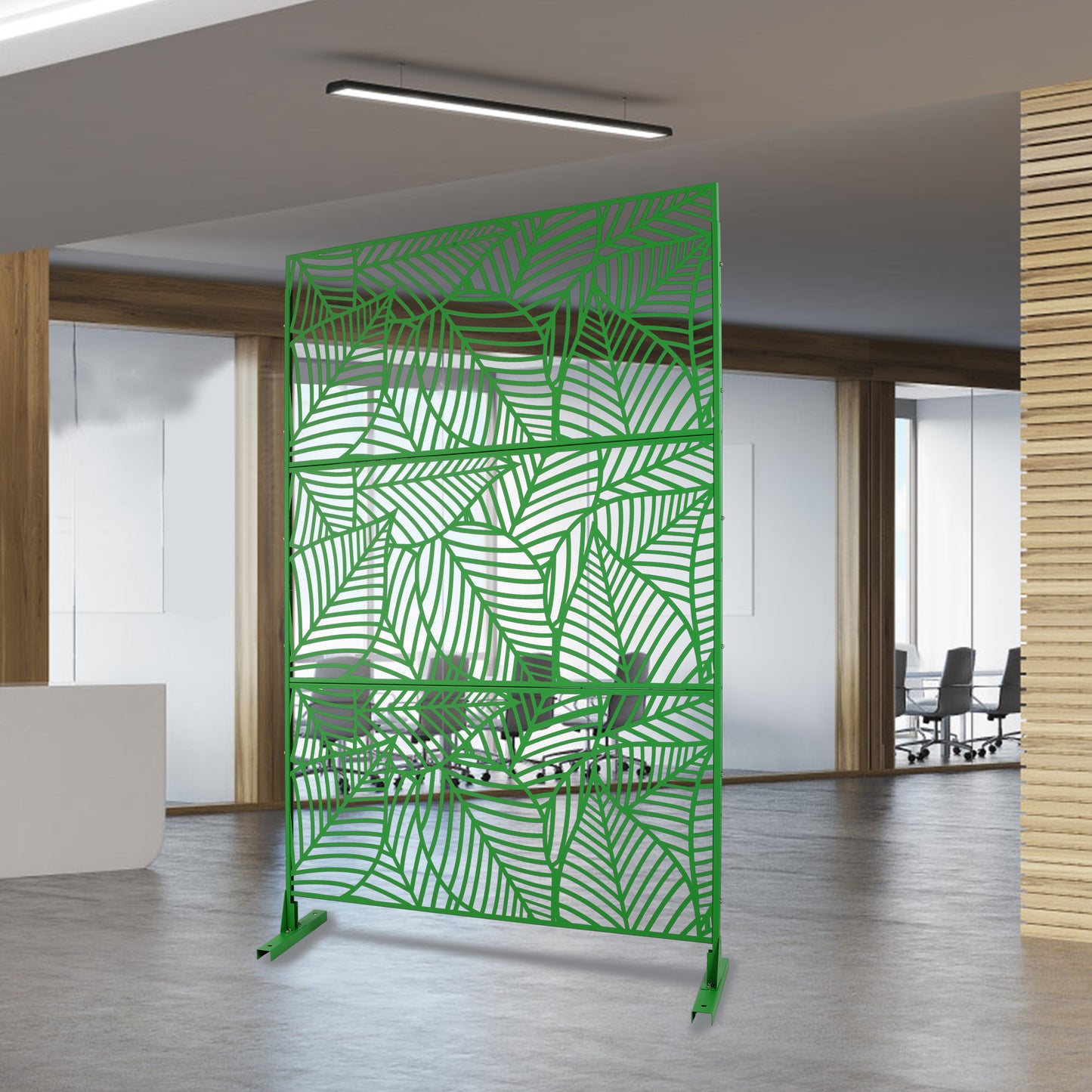 Green decorative room divider with leaf cutout pattern