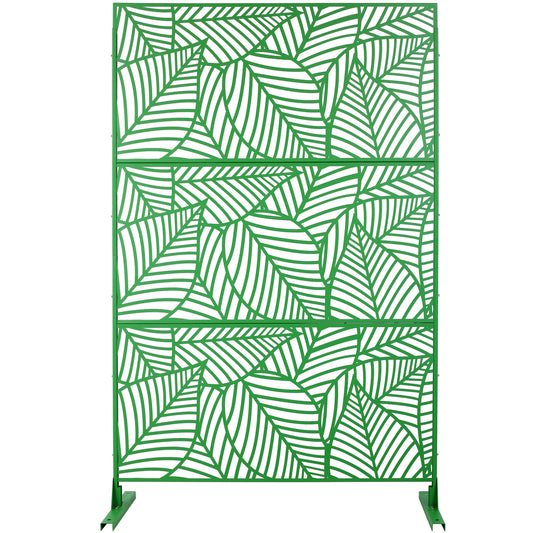 Green metal garden screen with overlapping abstract leaf pattern  inches tall