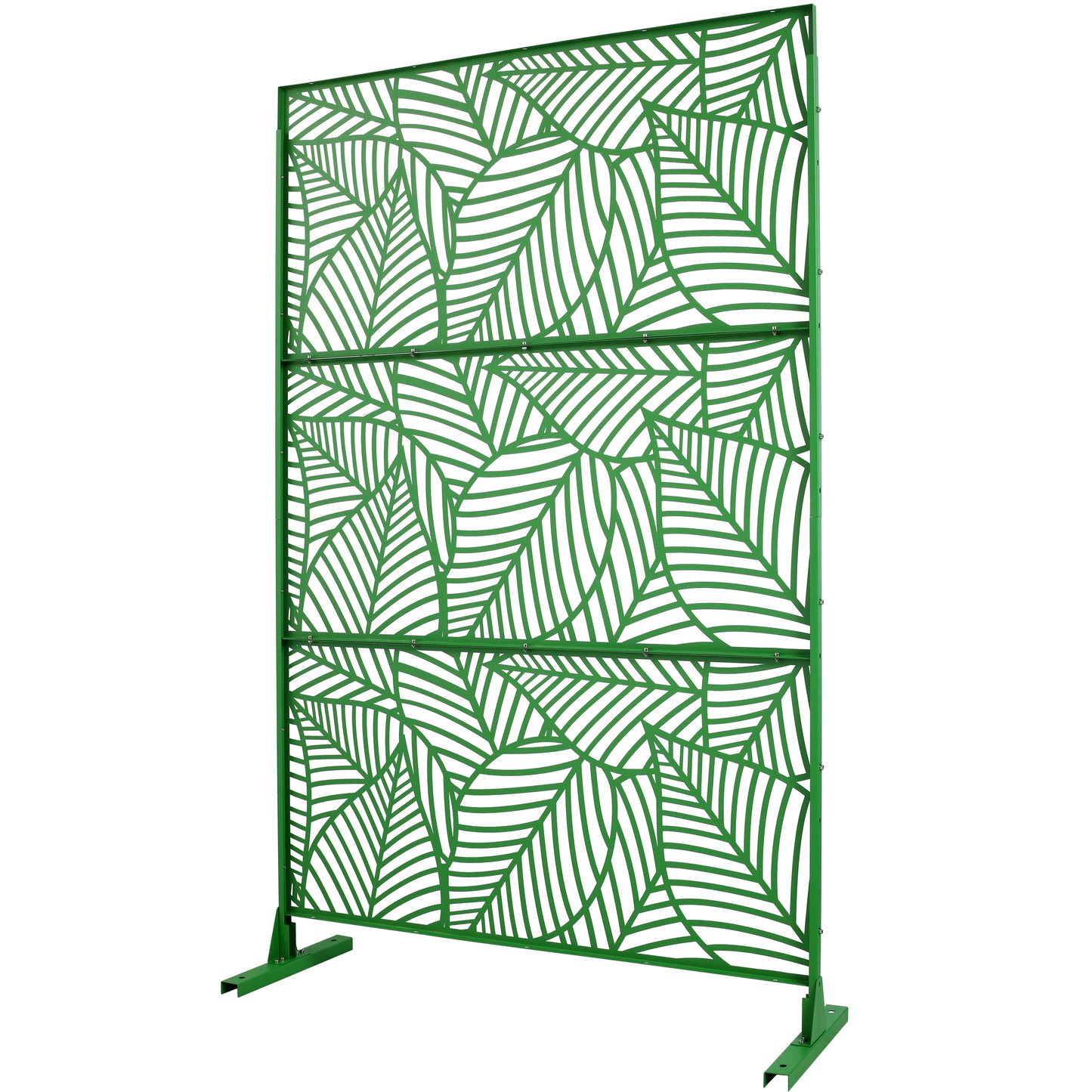 Green metal garden screen with a repeating leaf pattern perfect for outdoor privacy