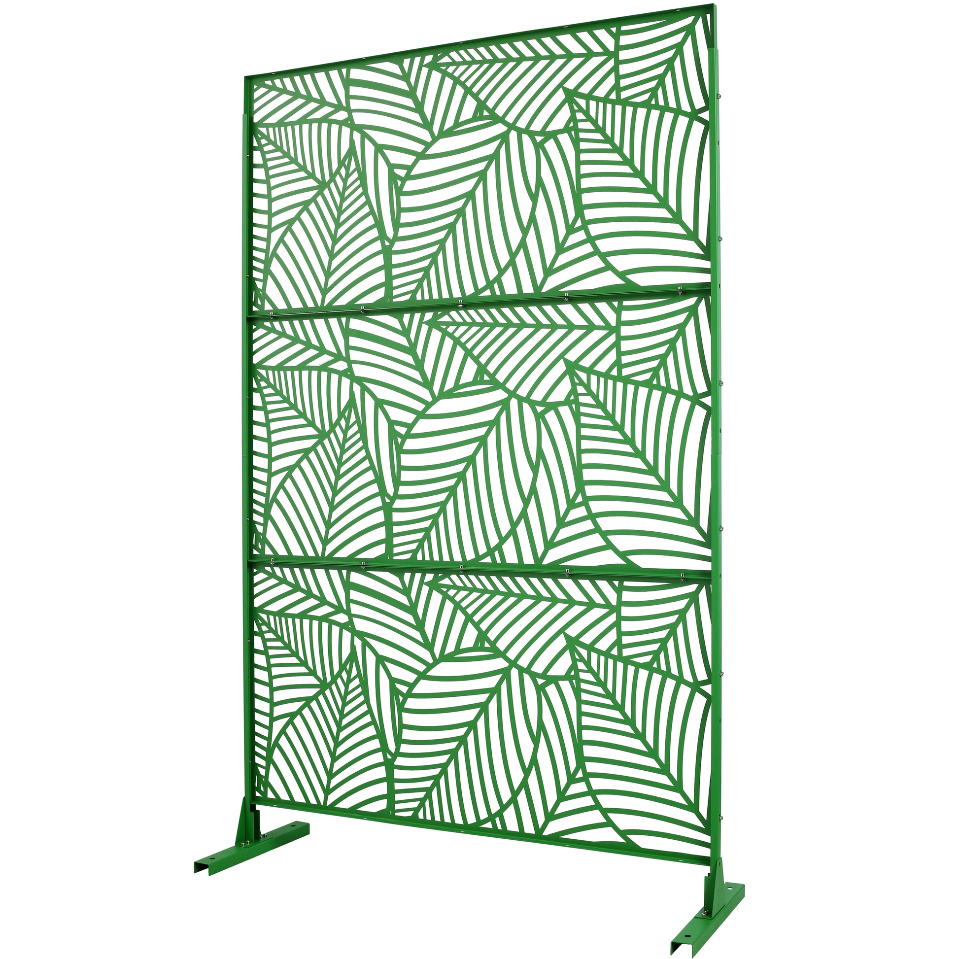 Green metal garden screen with a repeating leaf pattern perfect for outdoor privacy