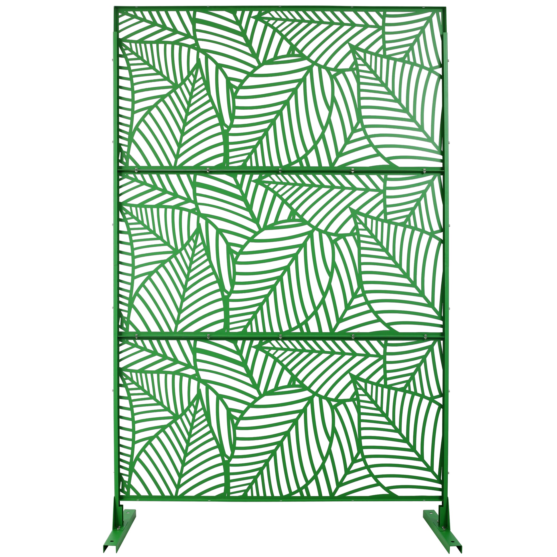Green metal garden screen with intricate leaf pattern