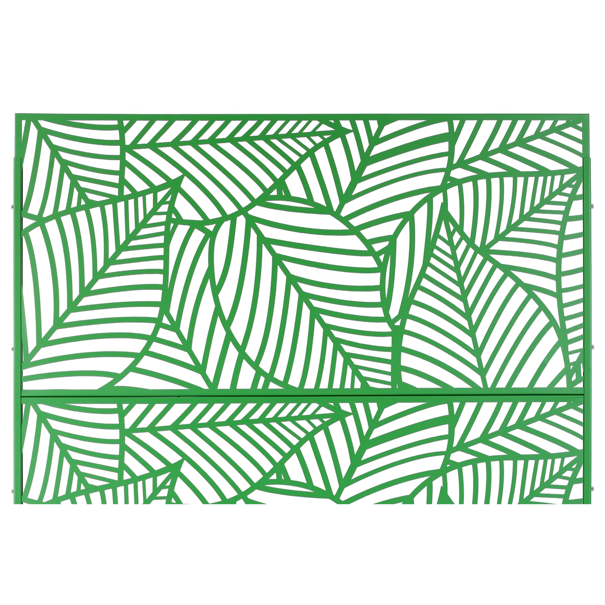Green metal garden screen with a modern leaf pattern design