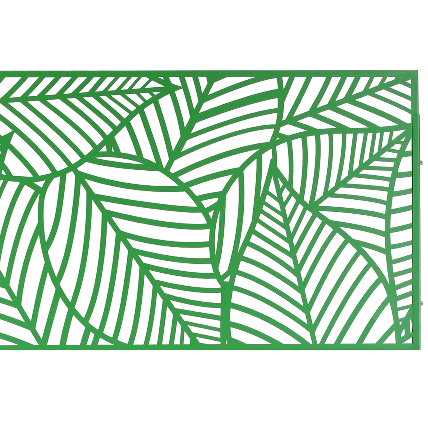 Green metal decorative garden screen with abstract leaf pattern