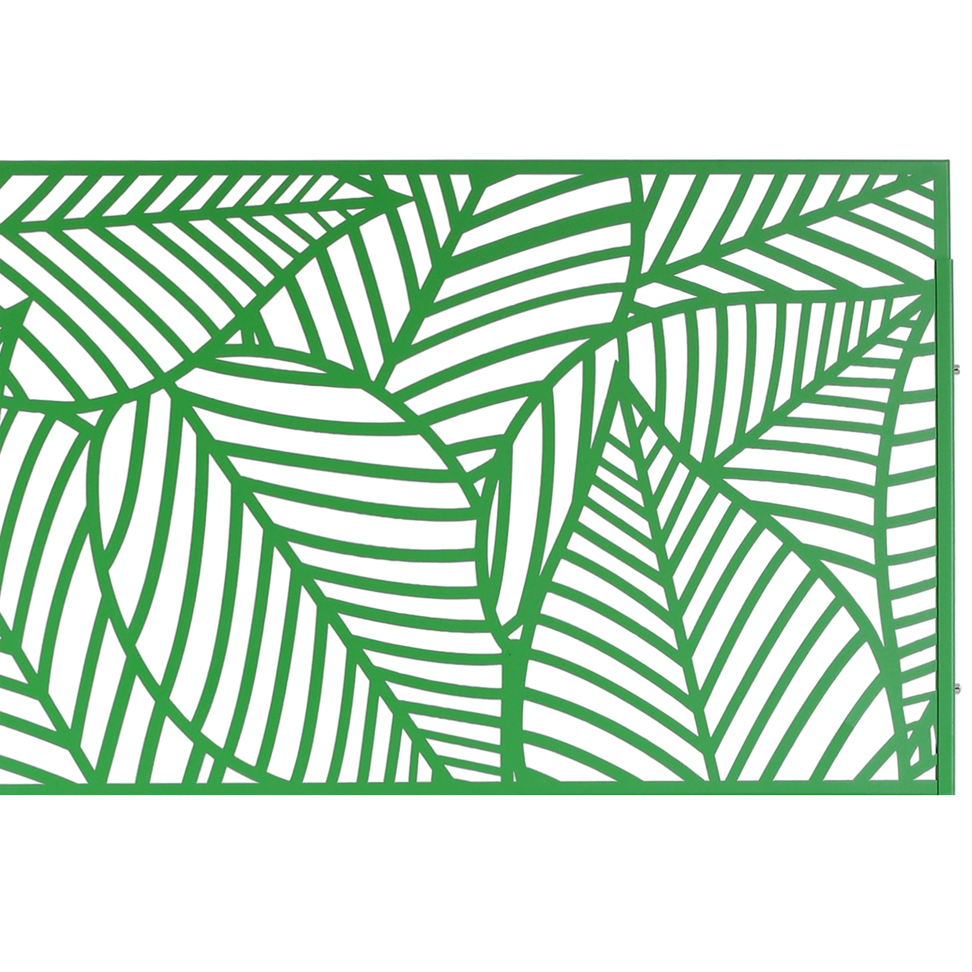 Green metal decorative garden screen with abstract leaf pattern