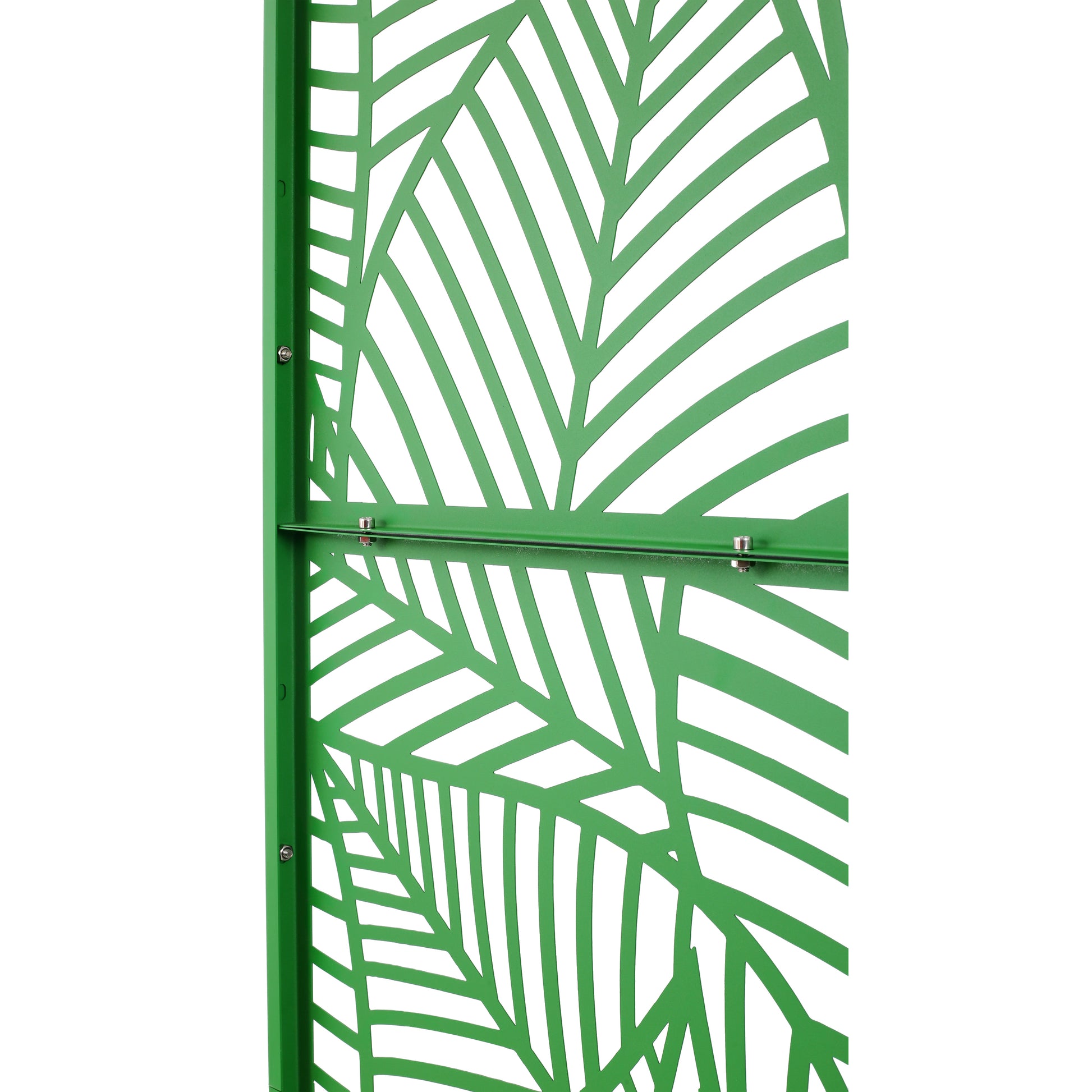 Green decorative metal garden screen with lasercut leaf pattern adding privacy and style