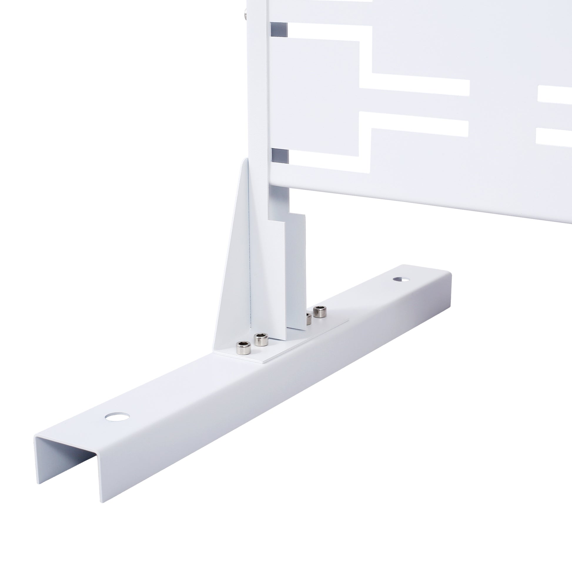 White metal decorative screen with geometric cutouts showing its sturdy base and mounting bracket