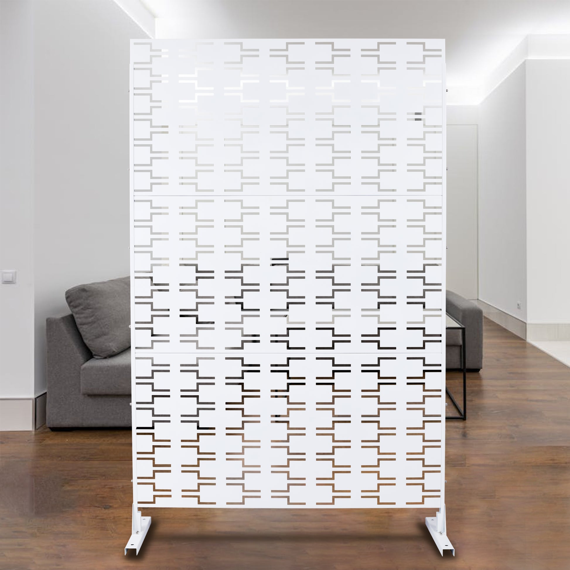 Modern white decorative screen with geometric pattern ideal for room division
