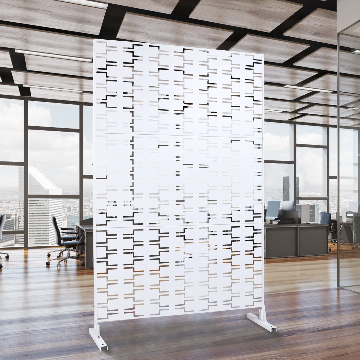 Modern white room divider screen with a geometric cutout pattern ideal for office spaces