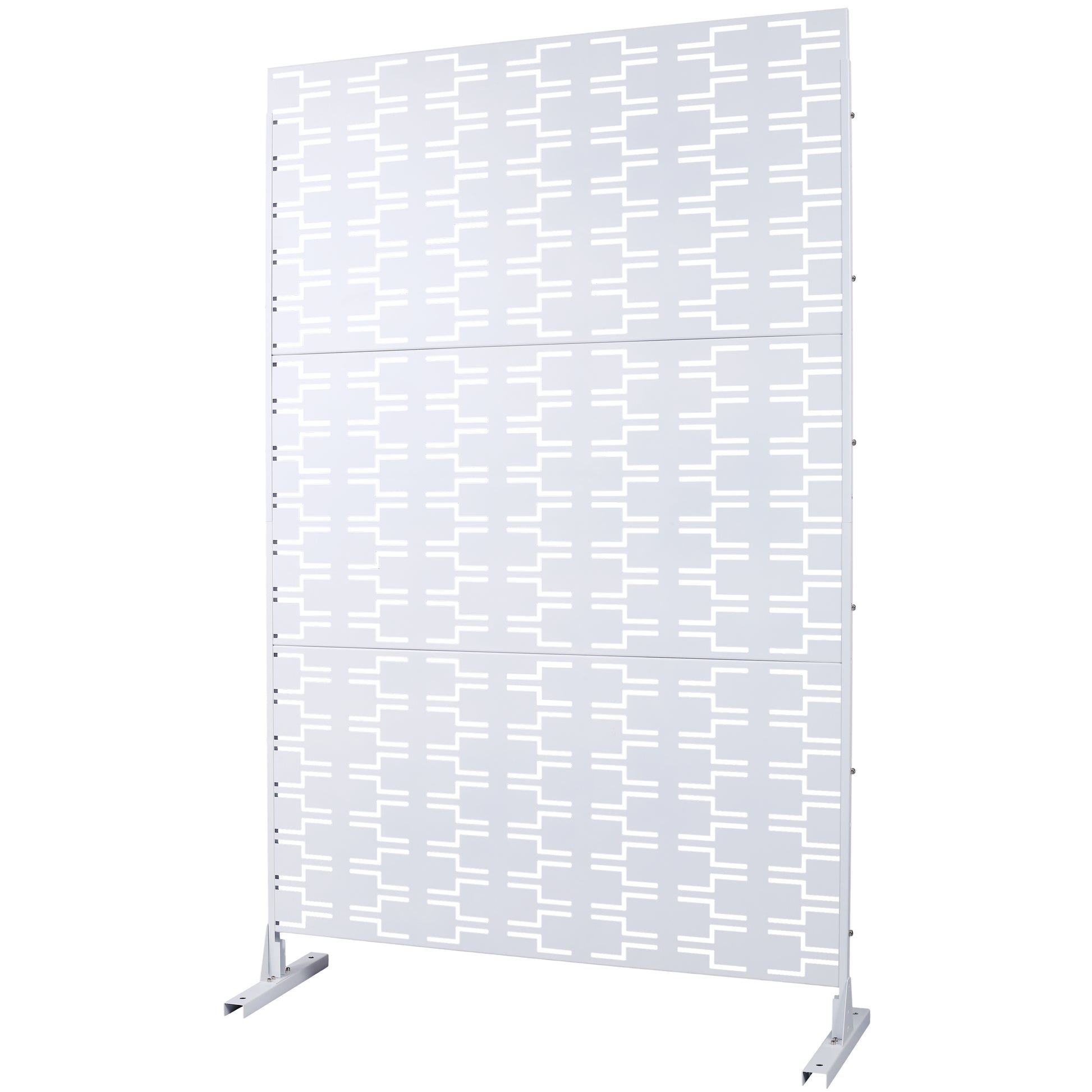 White metal room divider with geometric cutouts three panels modern design