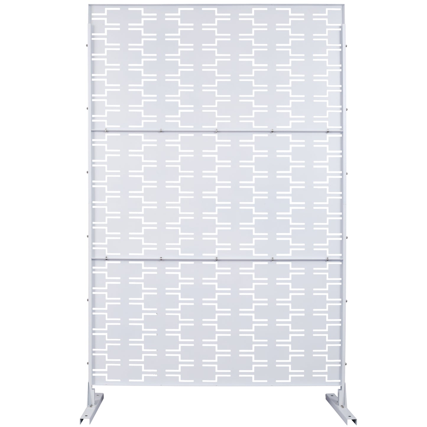 Modern white metal room divider with geometric cutout pattern  characters