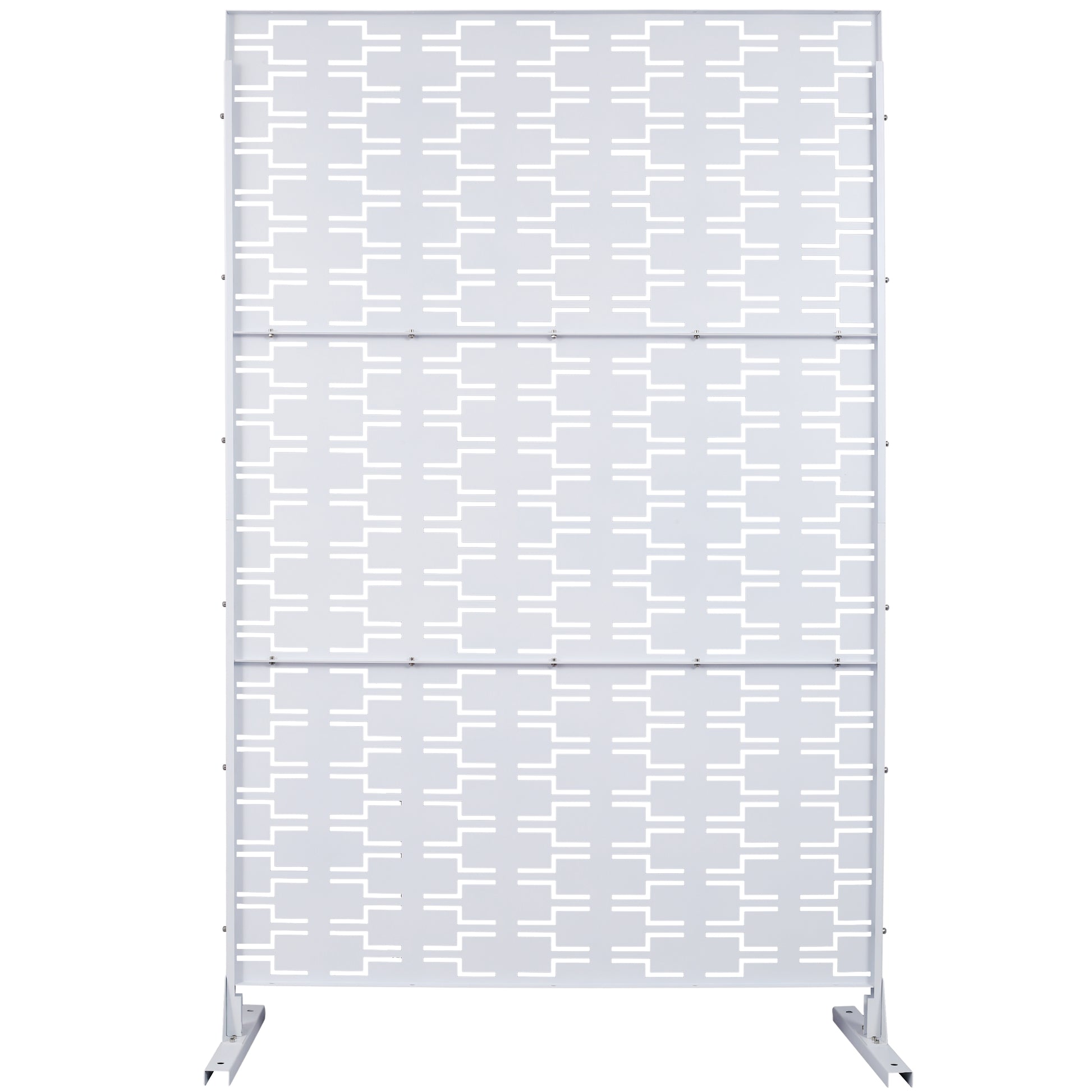 Modern white metal room divider with geometric cutout pattern  characters