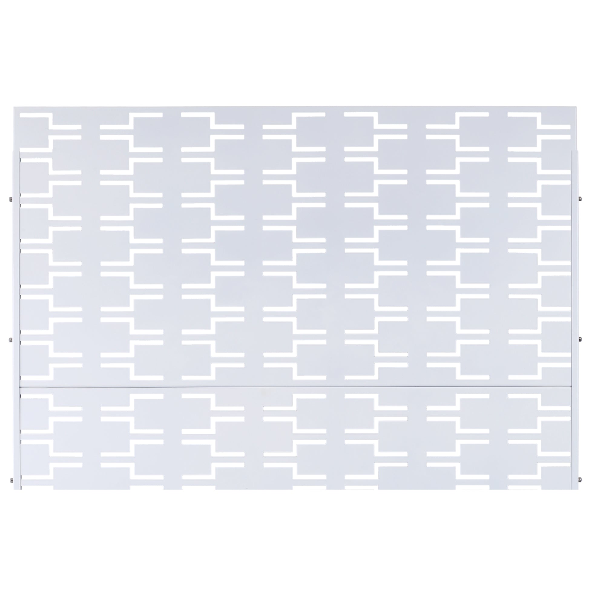 Modern white geometric metal screen with repeating horizontal and vertical cutouts