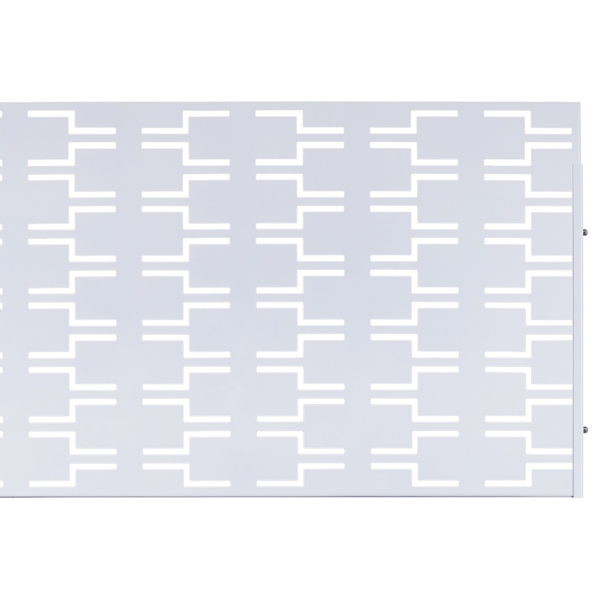 White metal decorative screen panel with a geometric pattern of interlocking L shapes ideal for privacy screens