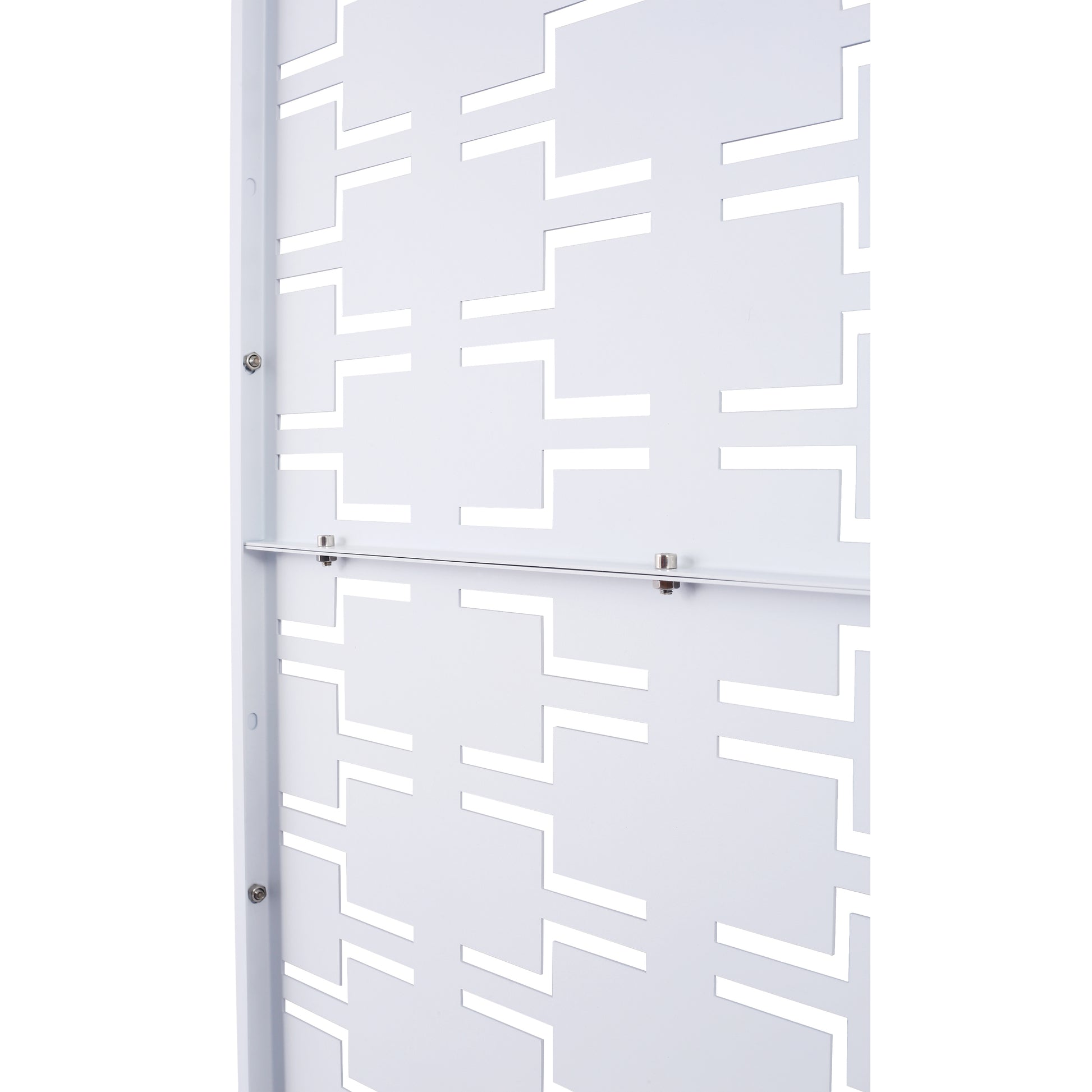 Modern white metal room divider with geometric cutouts ideal for creating distinct living spaces