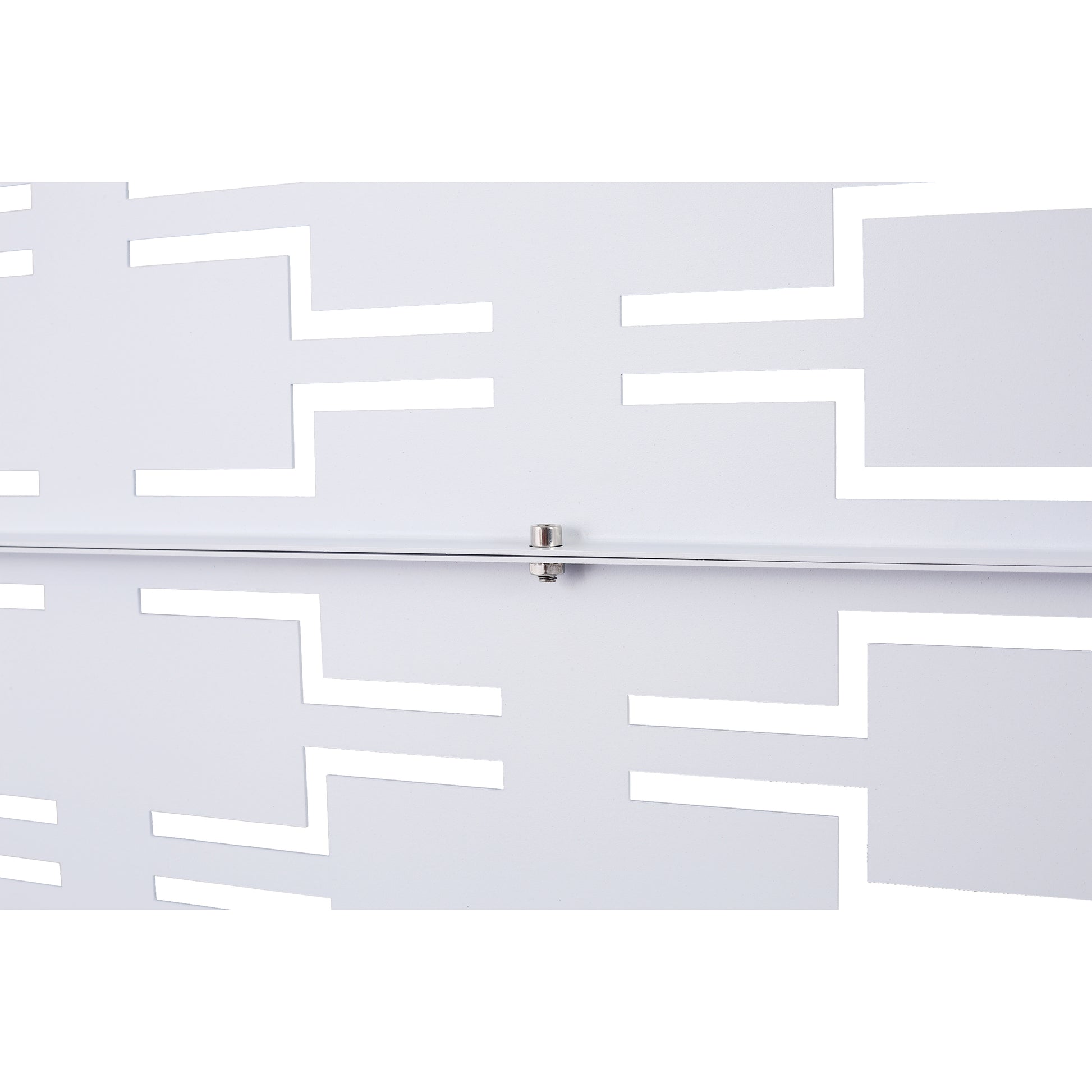 White geometric patterned metal wall panel with cutouts for decor