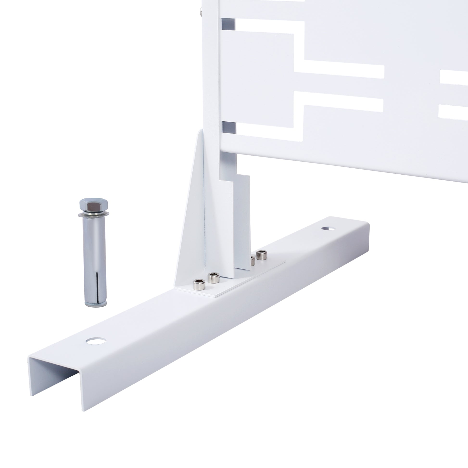 White metal radiator bracket with bolts and wall anchor for secure installation