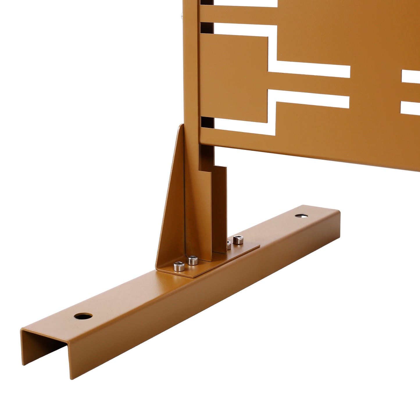 Brown metal fence panel bracket with geometric cutouts and Ushaped base