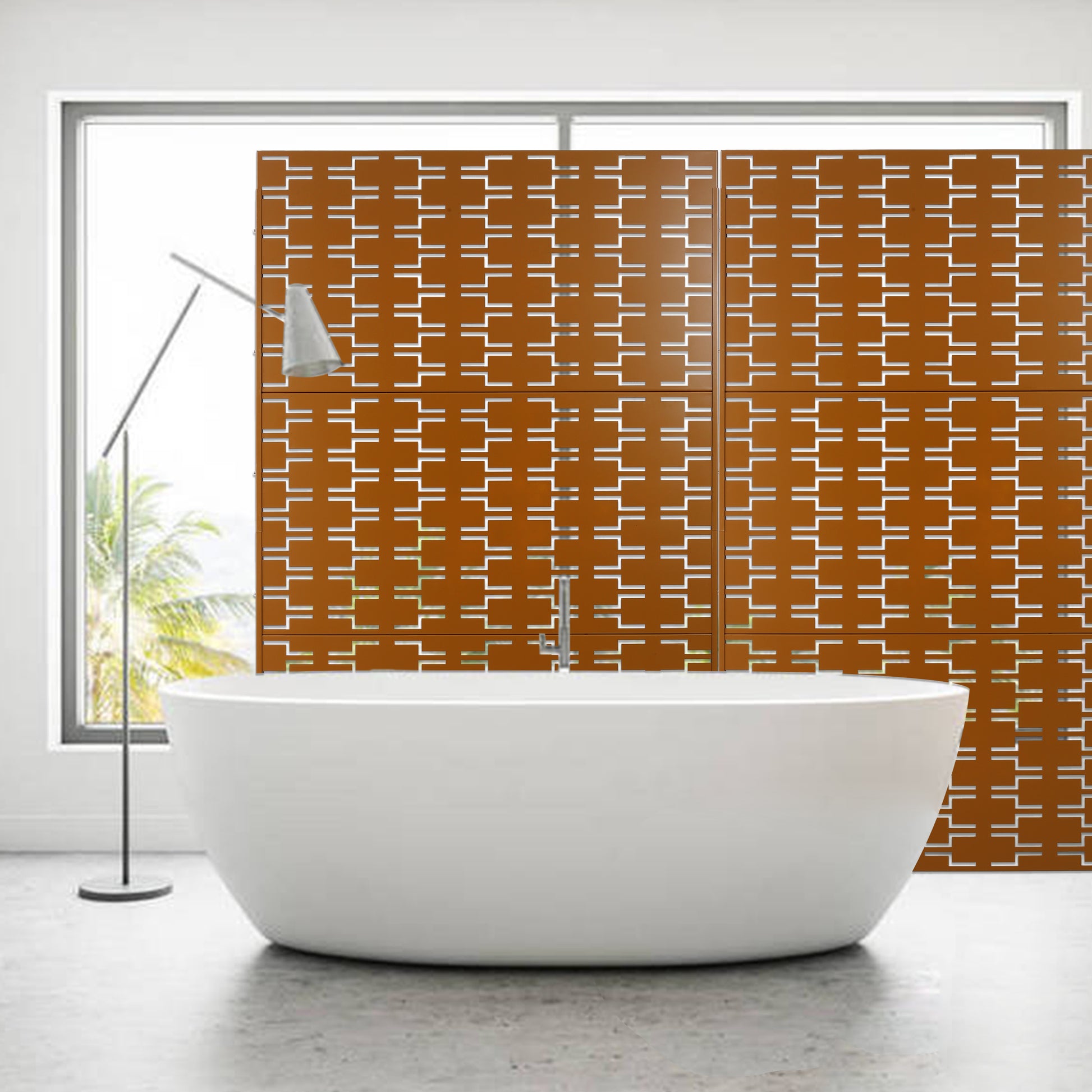 Brown geometric metal screen panel with modern cutouts for room dividers