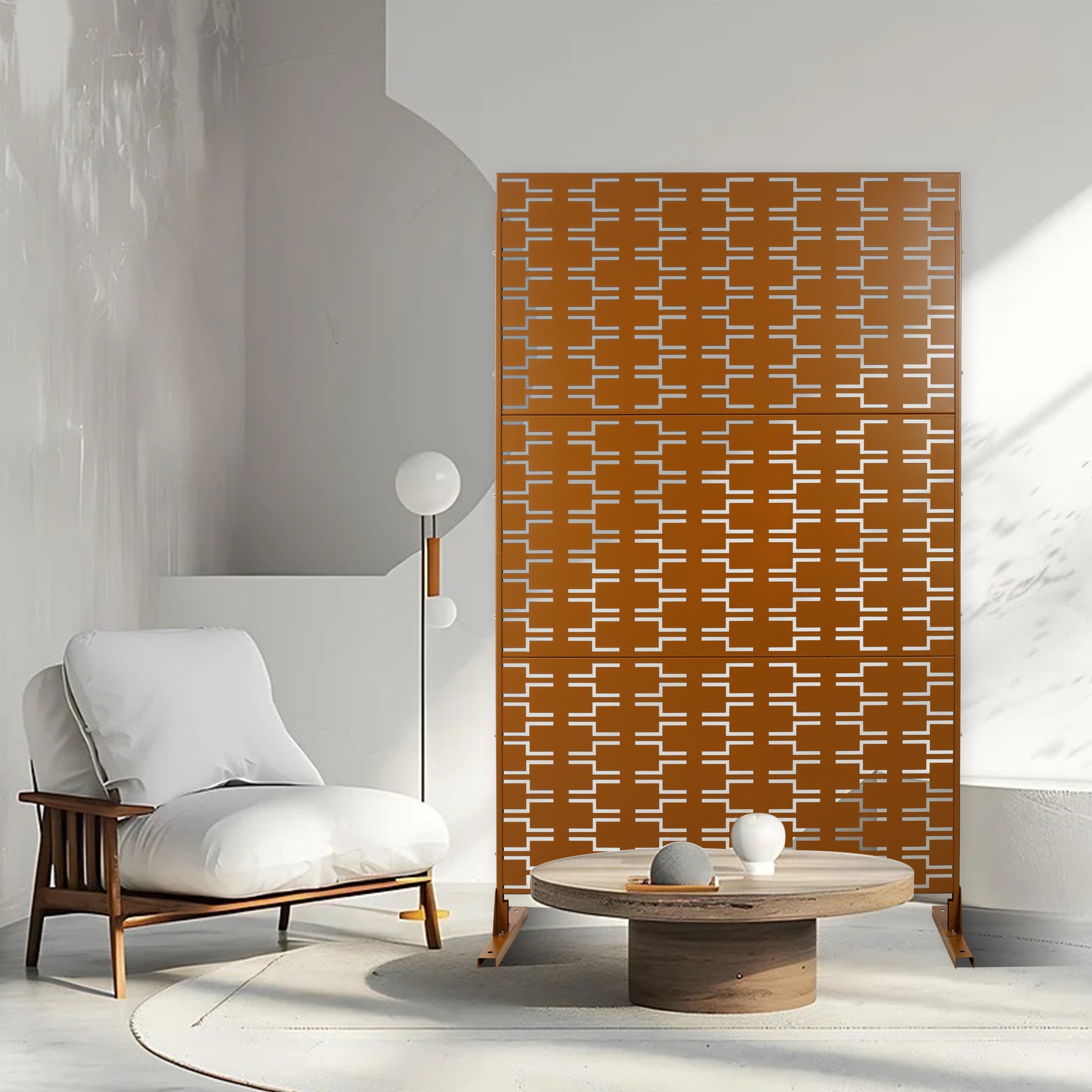 Modern bronze room divider screen with geometric cutout pattern cm
