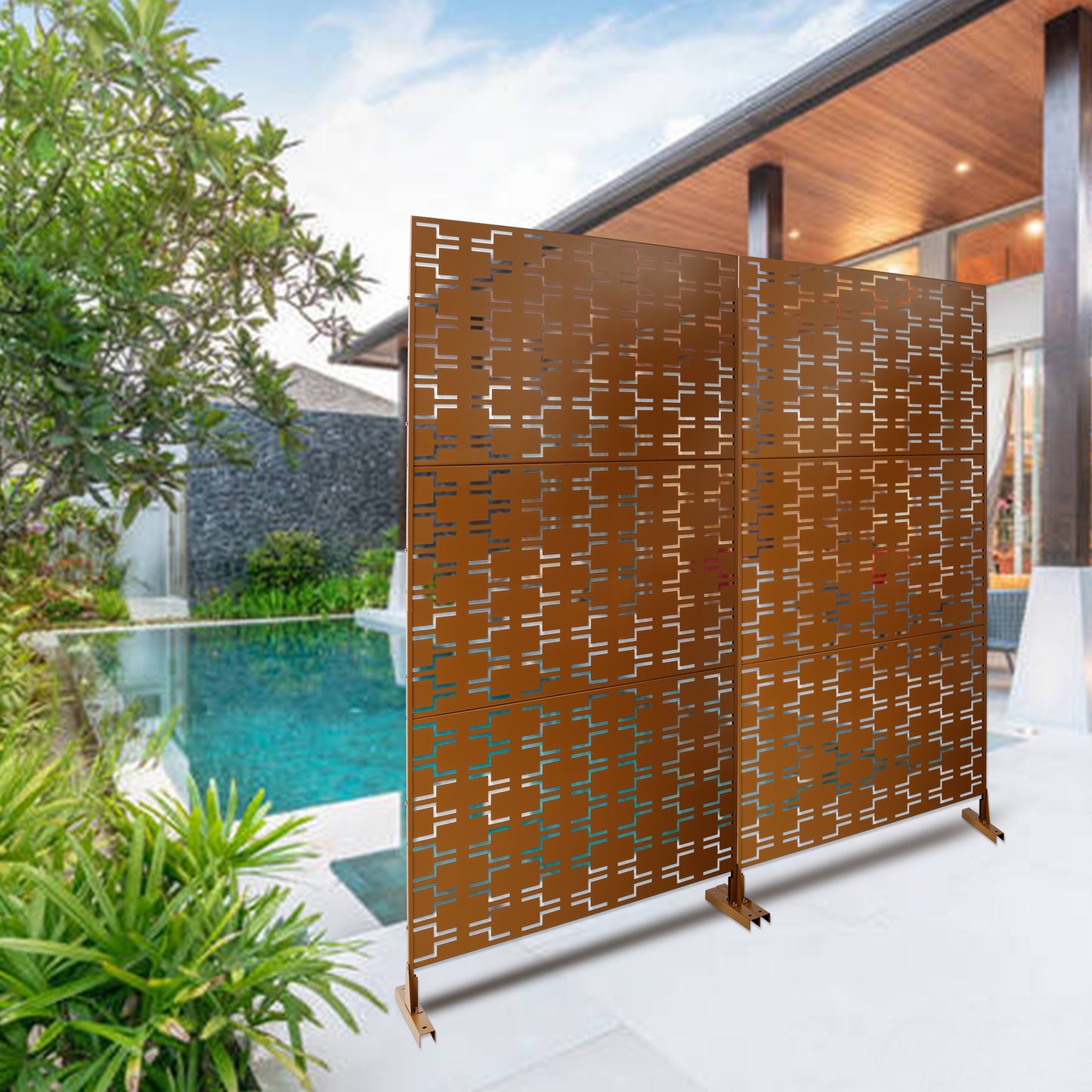 Bronze metal privacy screen with geometric pattern for patio decor