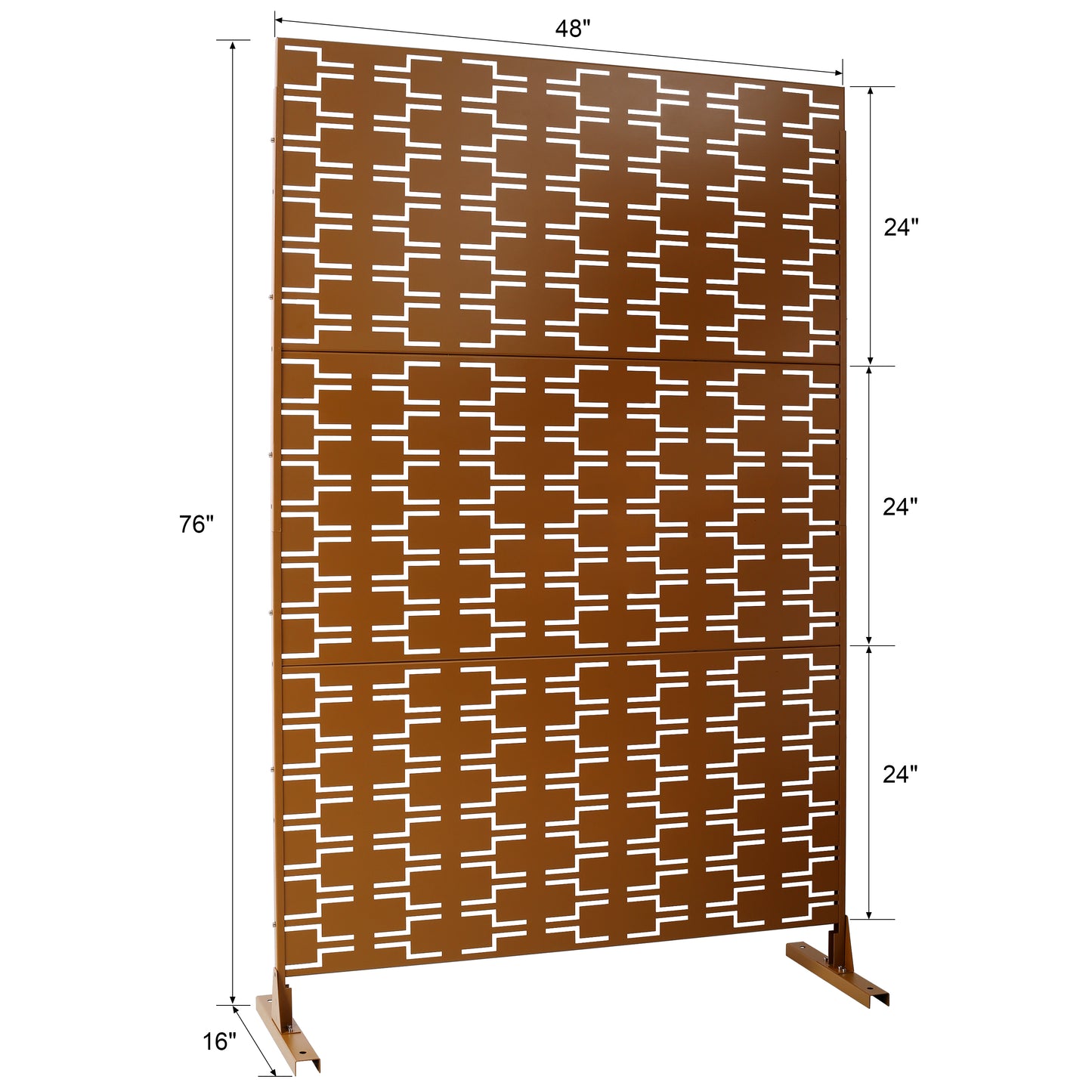Bronze metal privacy screen with a geometric cutout pattern in tall