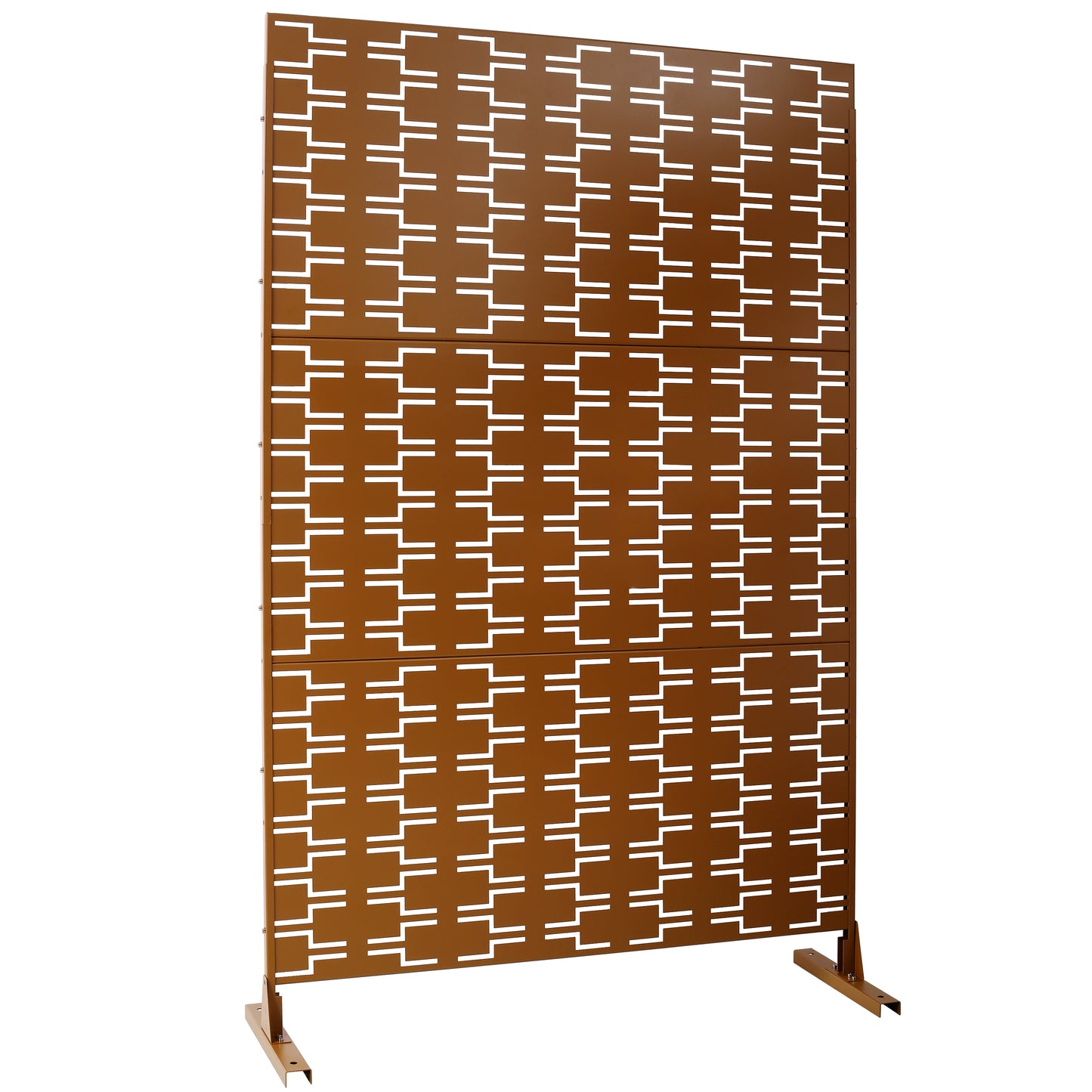 Bronze outdoor privacy screen with geometric cutouts for patio privacy
