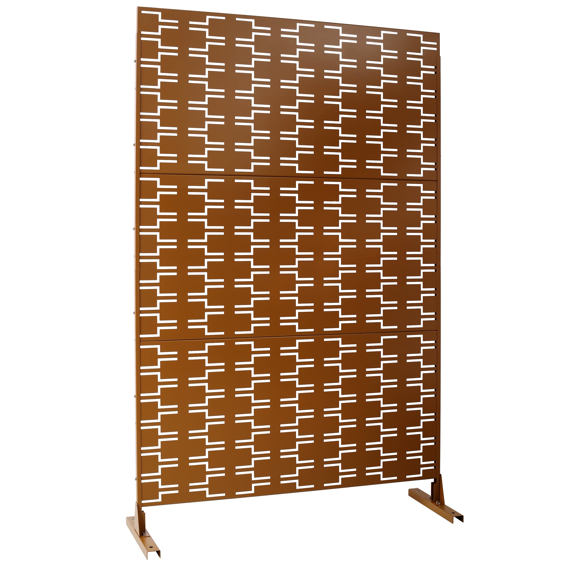 Bronze outdoor privacy screen with geometric cutouts for patio privacy
